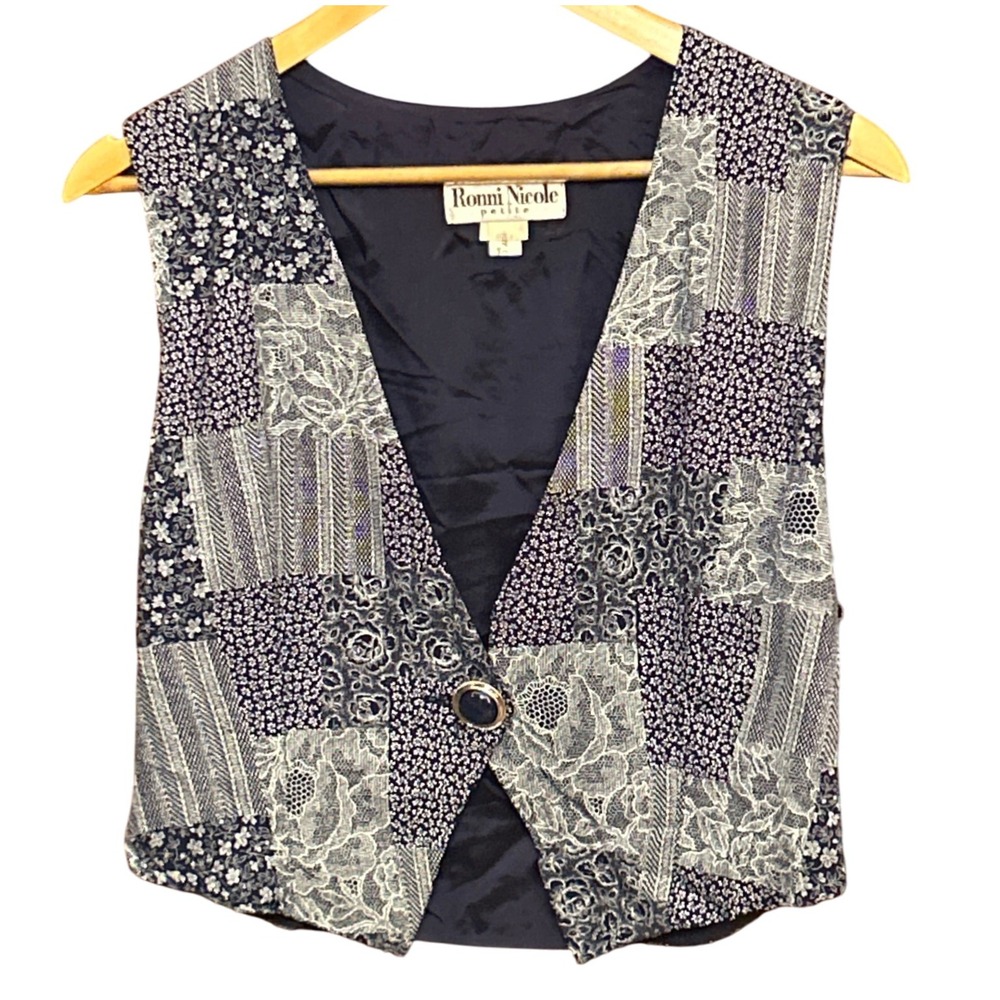 Ronni Nicole Petite Patchwork Lace Button Vest Dark Academia Cottagecore Y2K 6P